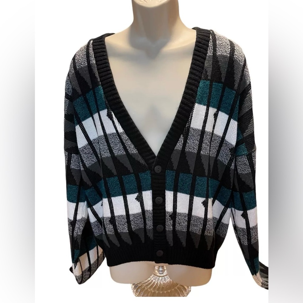 Vintage 90s Area By Tag Cardigan Sweater Men's Size XL Black Blue Geometric